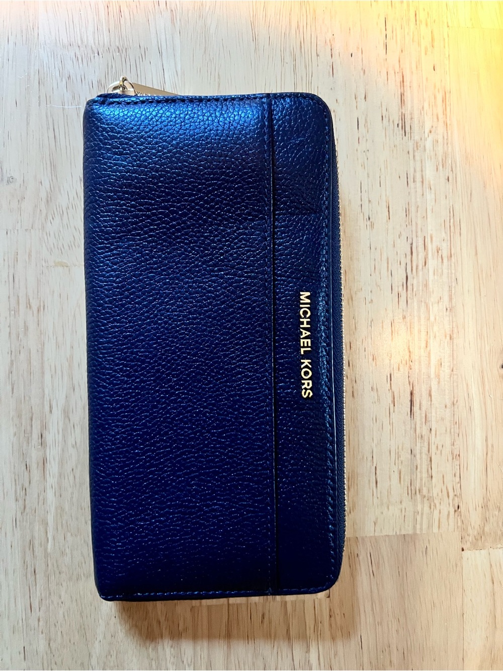 Michael Kors Navy Pebbled Leather Zip Wallet with Gold Logo
